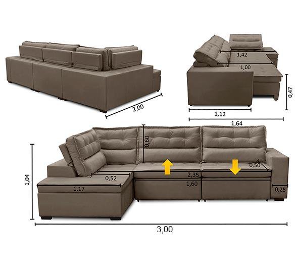 Sofá de Canto Retrátil e Reclinável com Molas LE 3,00x2,00m Viviane Suede Capuccino Madelina