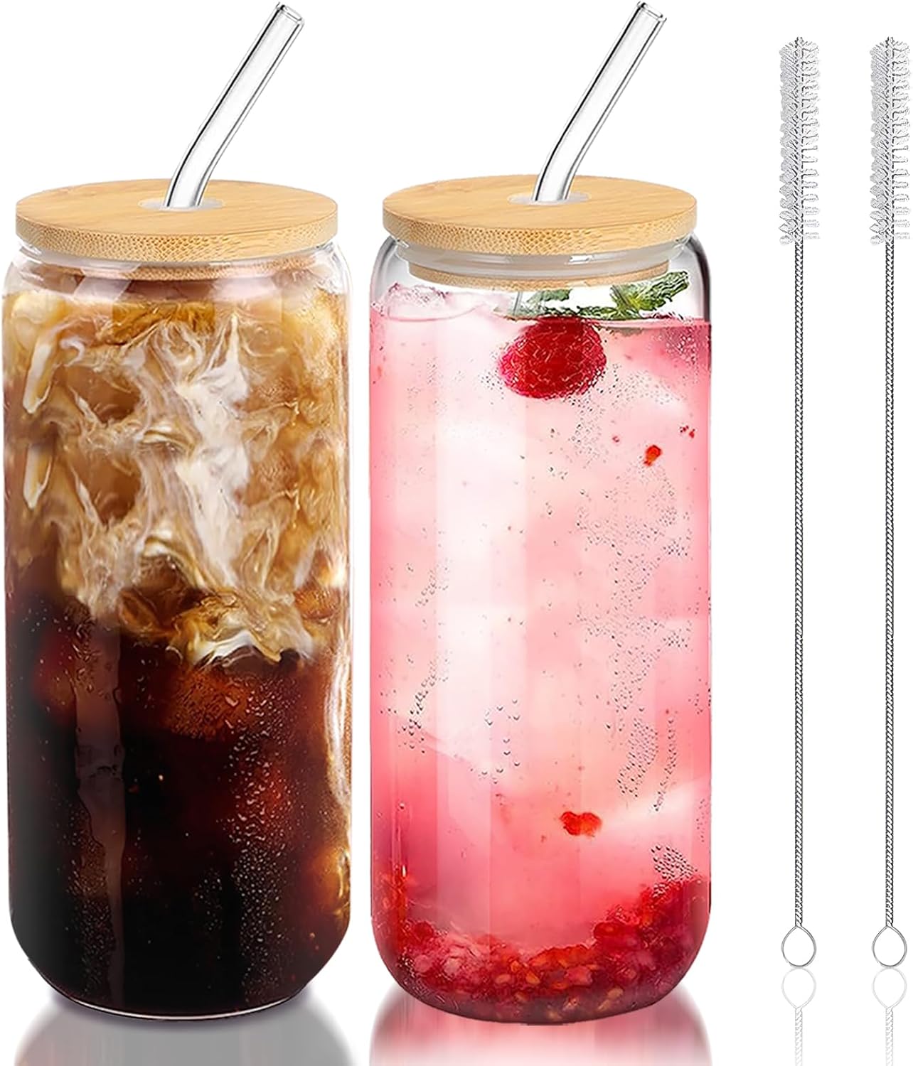 Glass Cups with Lids and Straws Set of 2 - Iced Coffee Cups with Lids for Cold Brew and Beer  20 oz Can Shaped Glass with Bamboo Lids and Straws - Aesthetic Coffee Bar Gift for Coffee Lovers