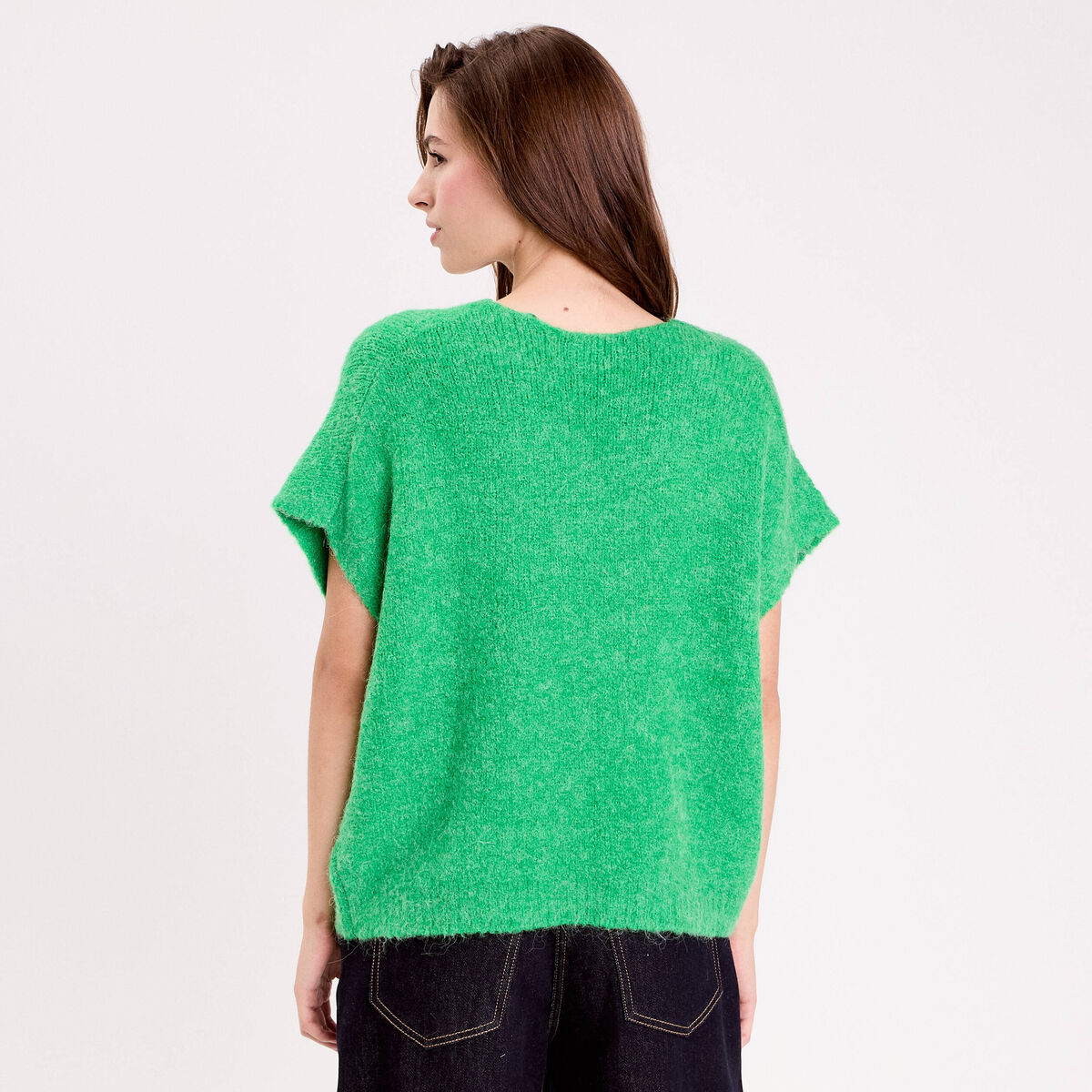 Pull oversize sans manches col v vert femme