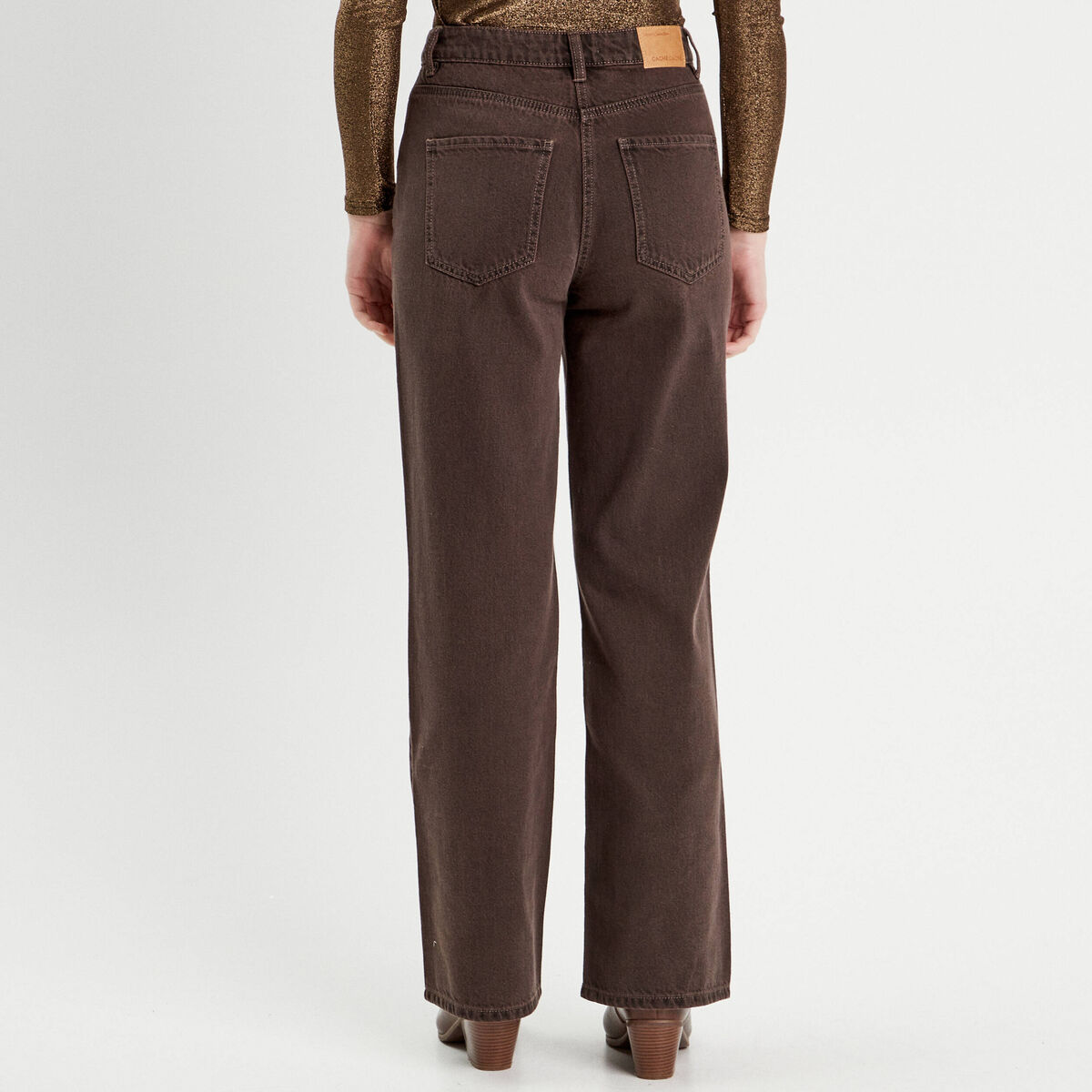 Jeans wide leg taille haute marron foncé femme