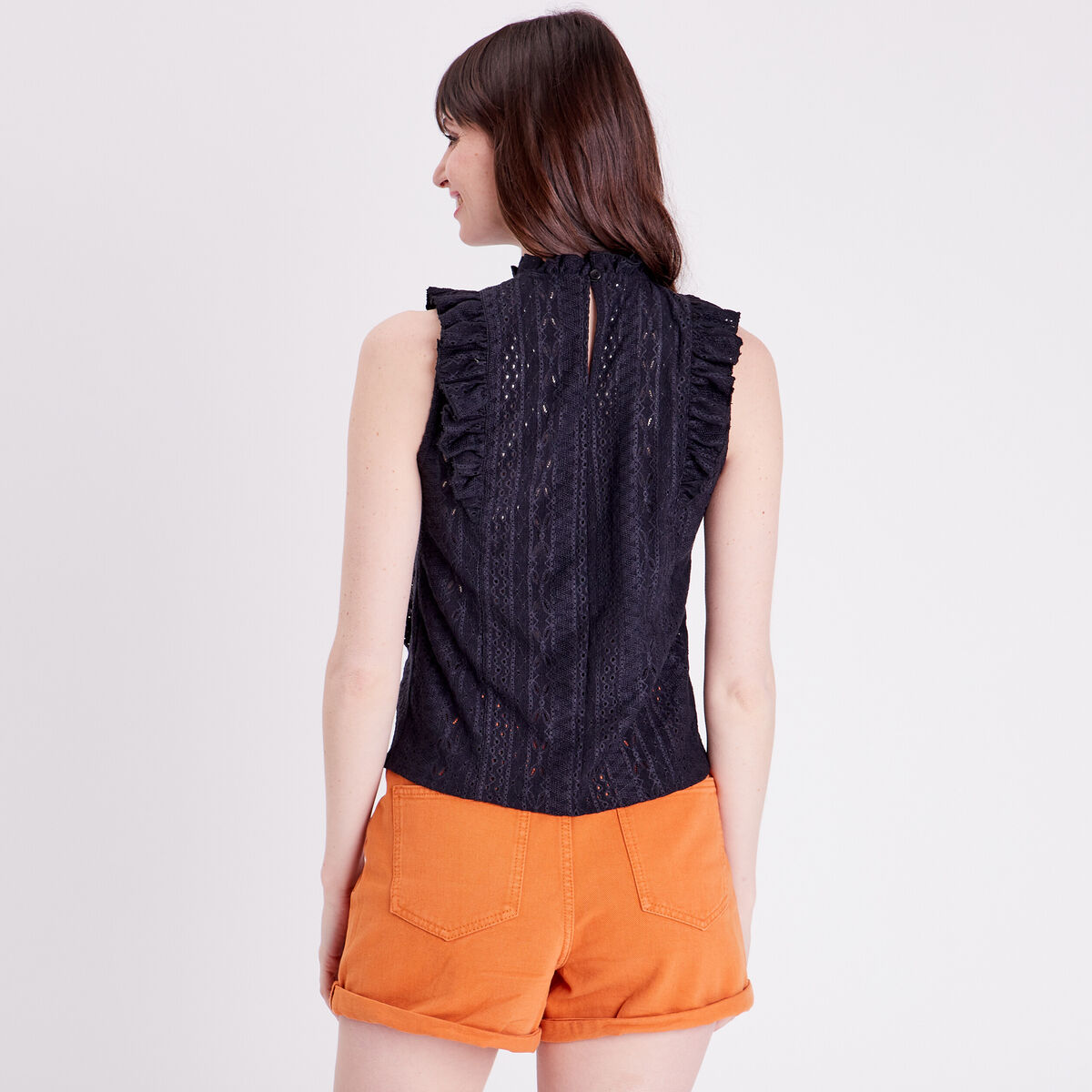 Blouse brodée avec volants noir femme