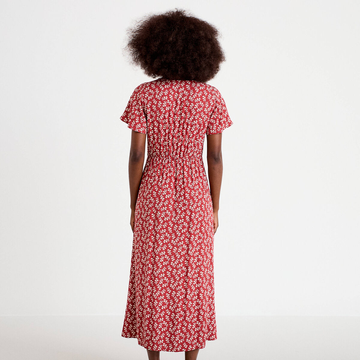 Robe longue évasée col v dentelle terracotta femme