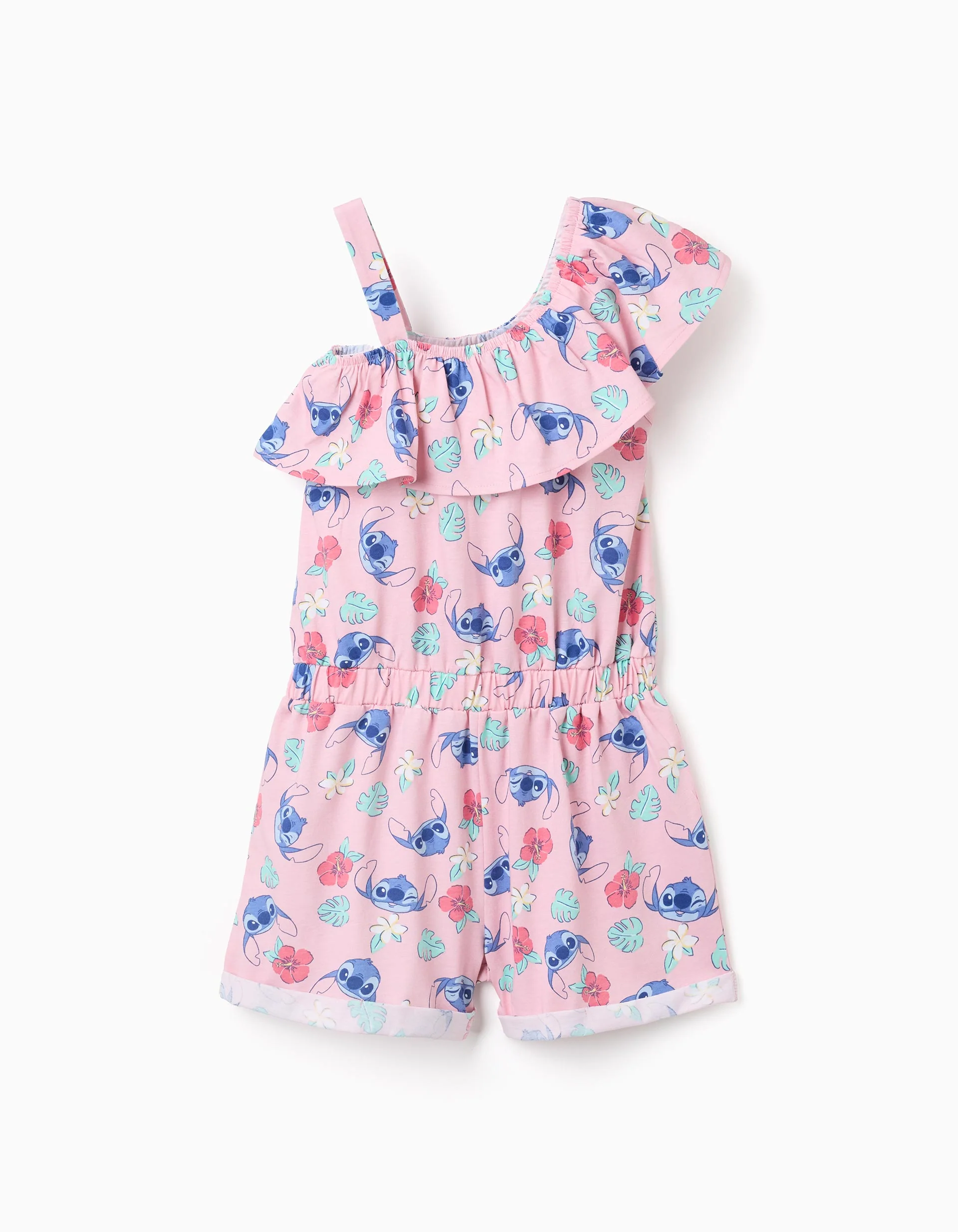 Cotton playsuit with Stitch motif and ruffles for girls, pink