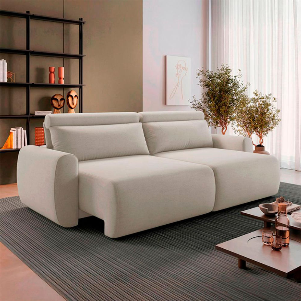 Sofá 4 Lugares Retrátil e Reclinável City Linho Bege Claro 240 cm