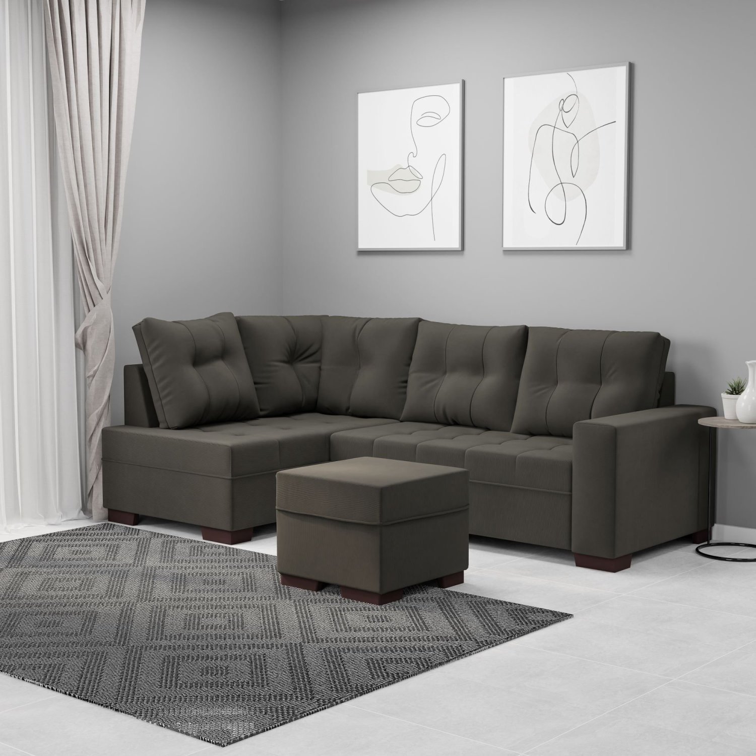 Sofá de Canto 6 Lugares com Puff 238cm Suede Cinza