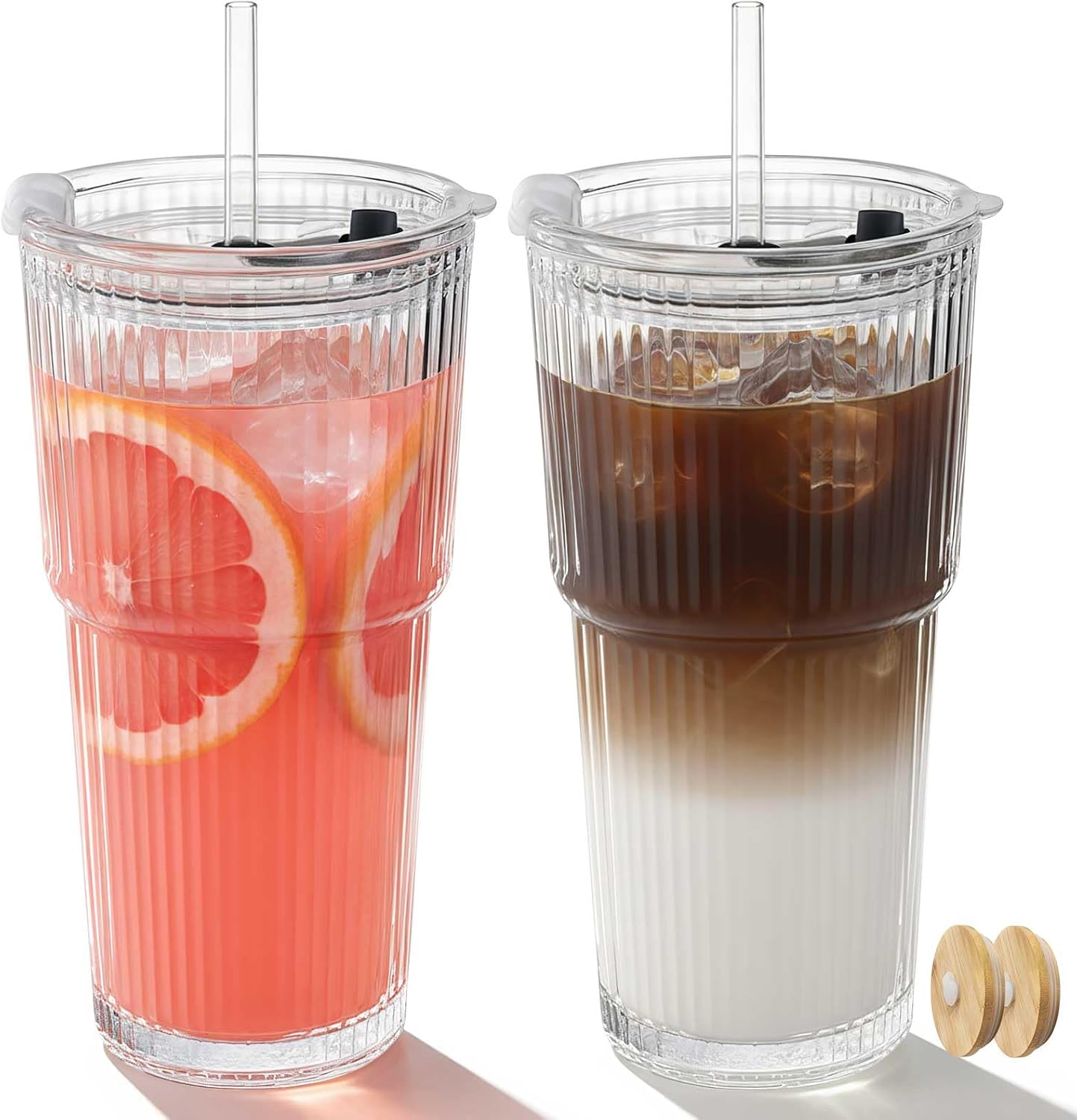20oz Ribbed Glass Tumbler with Lids and Straws  2 Pack Leak Proof Iced Coffee Cup Aesthetic Glass Cups with Bamboo Lids for Home Office Travel and Gifts (2  Transparent)