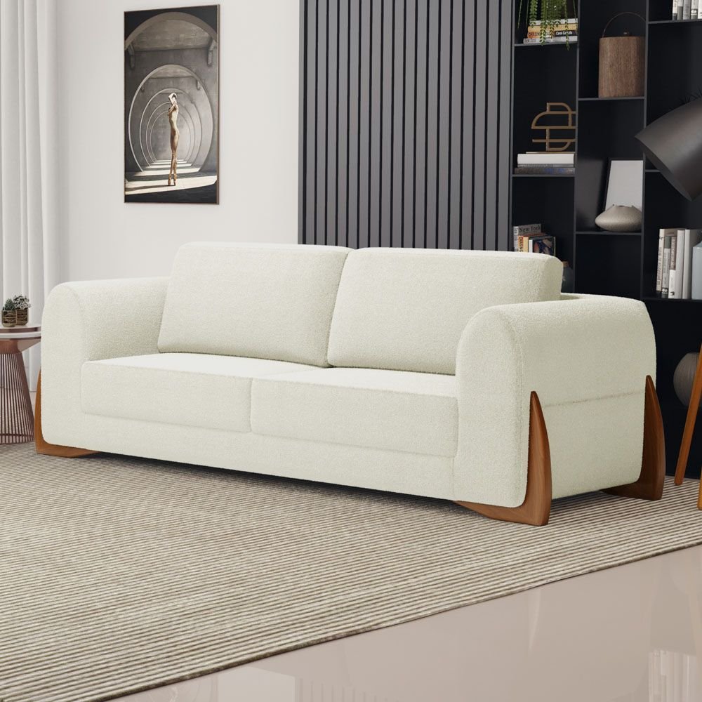 Sofá Living Bloom 160cm 02 Lugares com Pés de Madeira Bouclê Off White - Abmaza