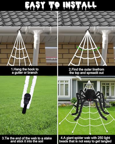 3D HD Dynamic Giant Spider Halloween Projector+Brighter Spider Webs Lights Set,250 Purple LED Light Up,8 Modes 16.4Ft Giant Spiderweb with Remote Control,with 48'' Giant Spider