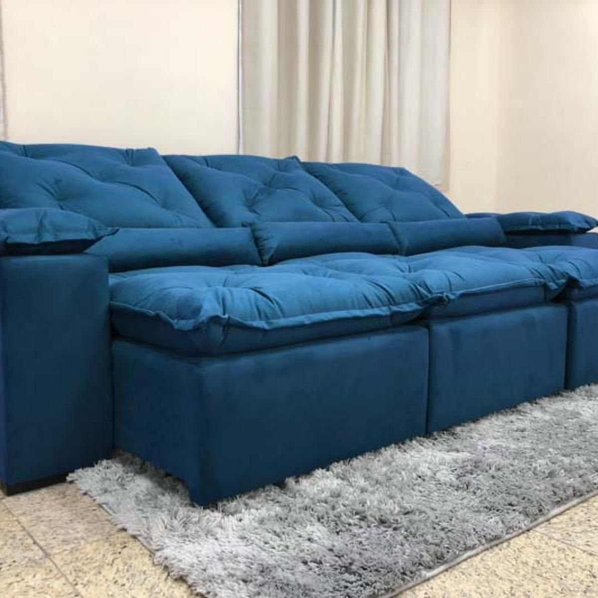 Sofá 5 Lugares Retrátil e Reclinável 2,70 Metros Alpoim Estofados Azul 206 Athenas