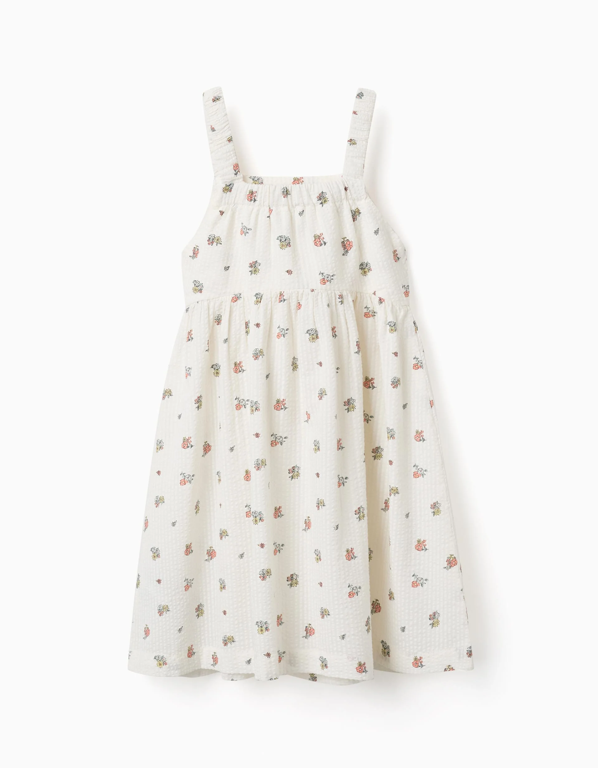Sleeveless cotton dress with floral motif for girls, white