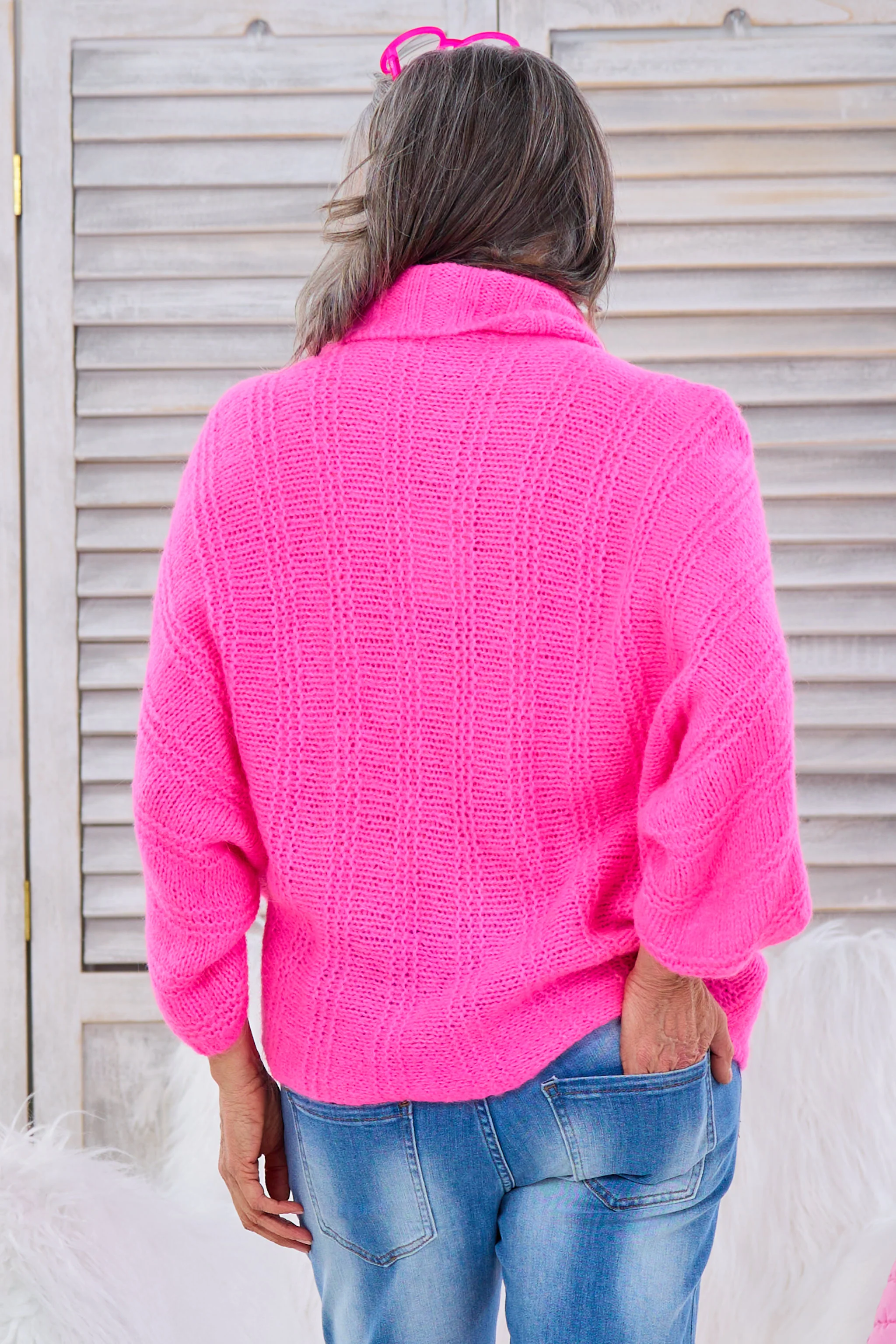 Strickpulli mit Rollkragen und Zopfmuster, pink