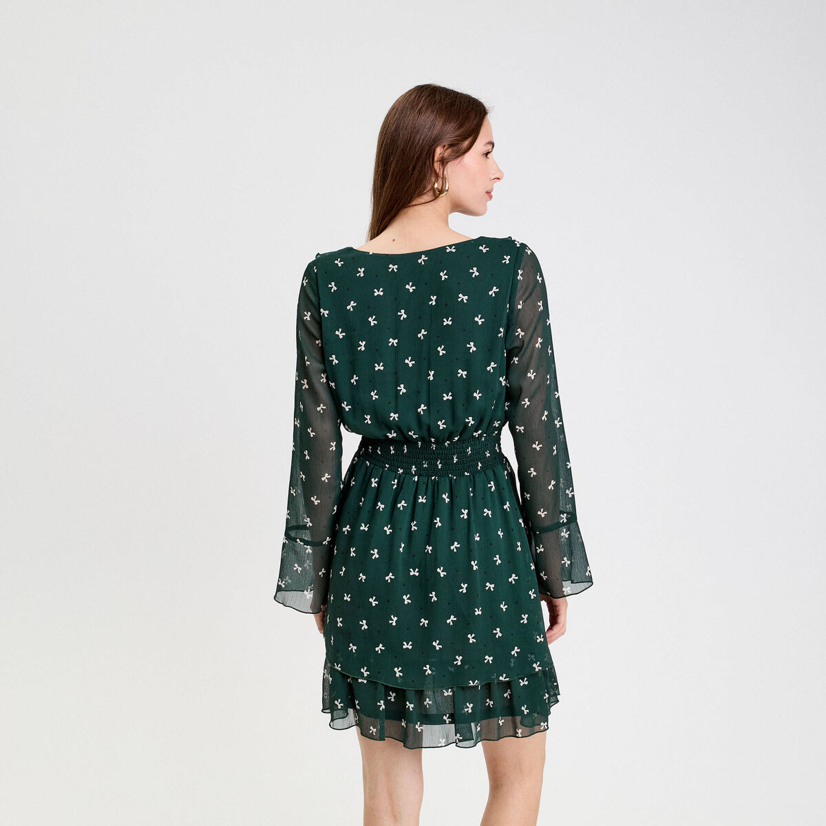 Robe courte évasée col v manches longues vert foncé femme