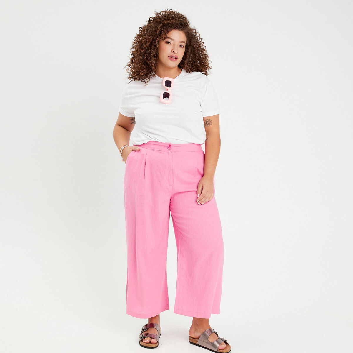 Pantalon large contenant du lin rose femme