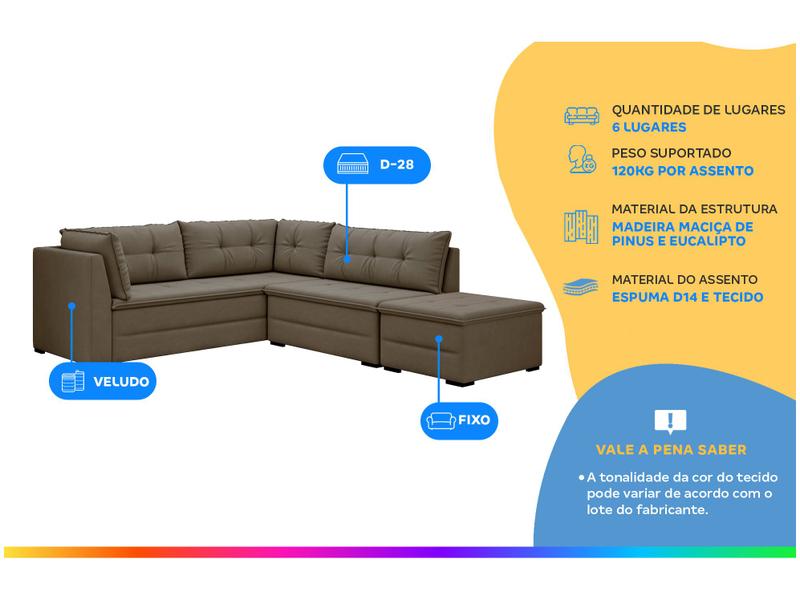 Sofá de Canto 6 Lugares com Puff Veluplus Vegas