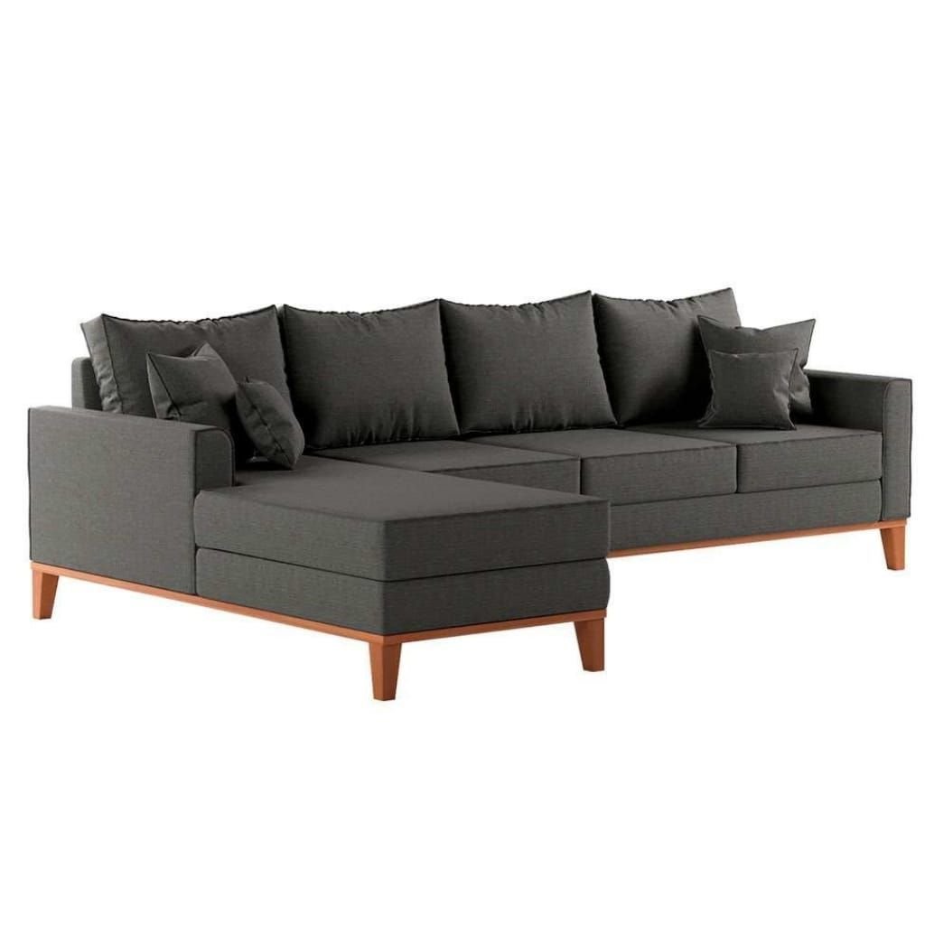 Sofá Beny com Chaise Esquerda, 1,40x2,60m, 4 Lugares, Linho, Base em Madeira. (grafite)