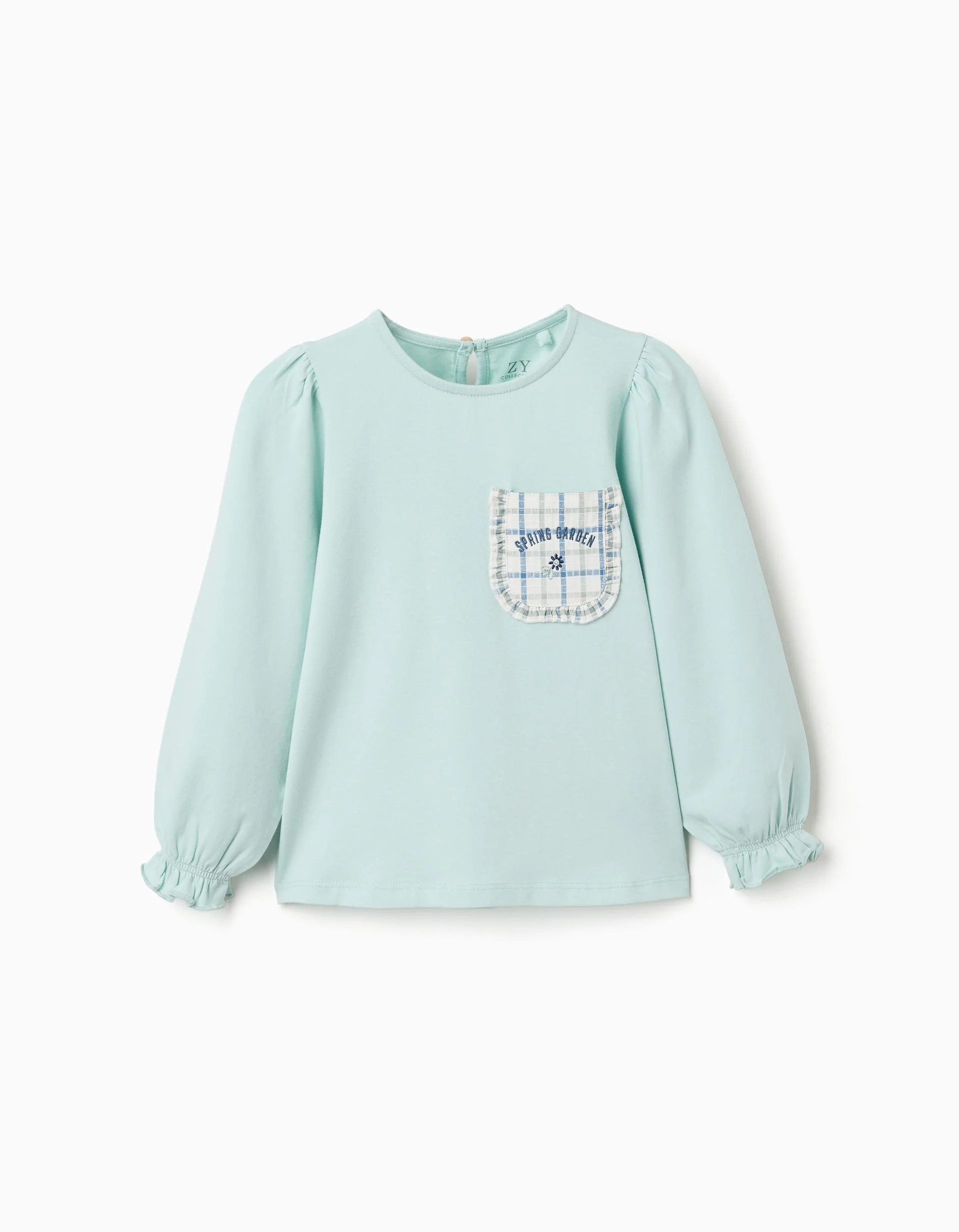 Long sleeve cotton T-shirt with chest pocket for girls, light blue
