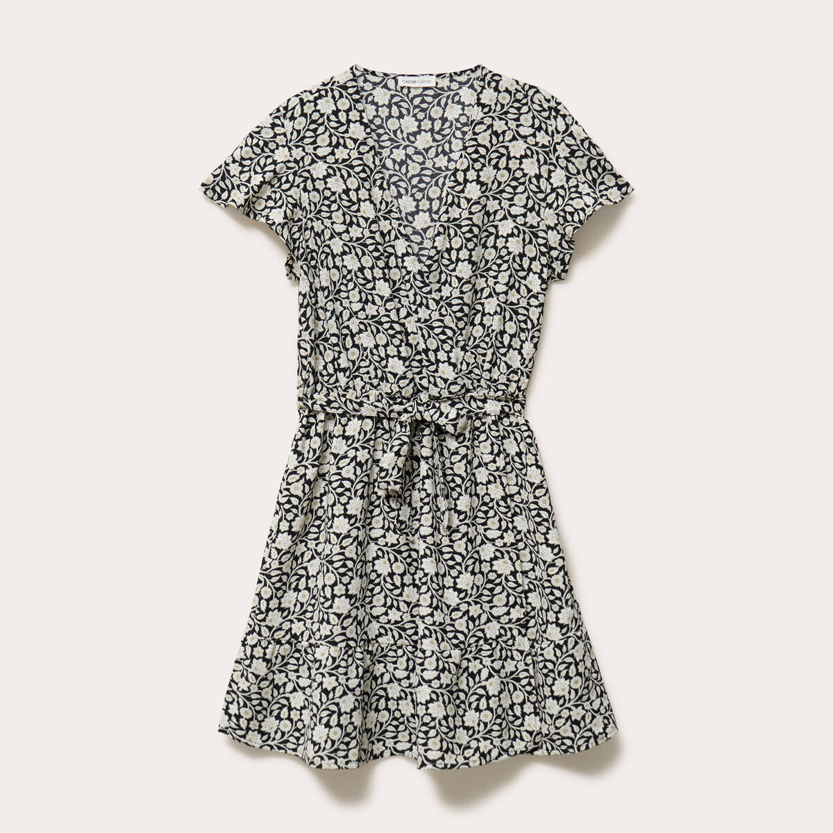 Robe courte évasée col v manches courtes noir femme