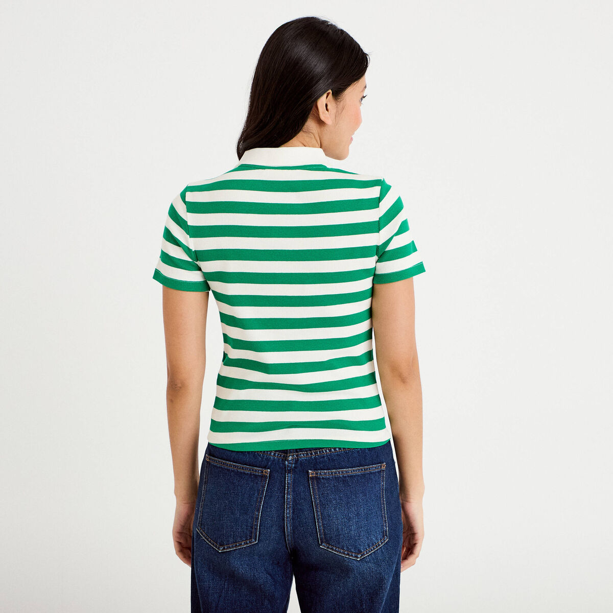 Polo côtelé cintré cropped vert femme
