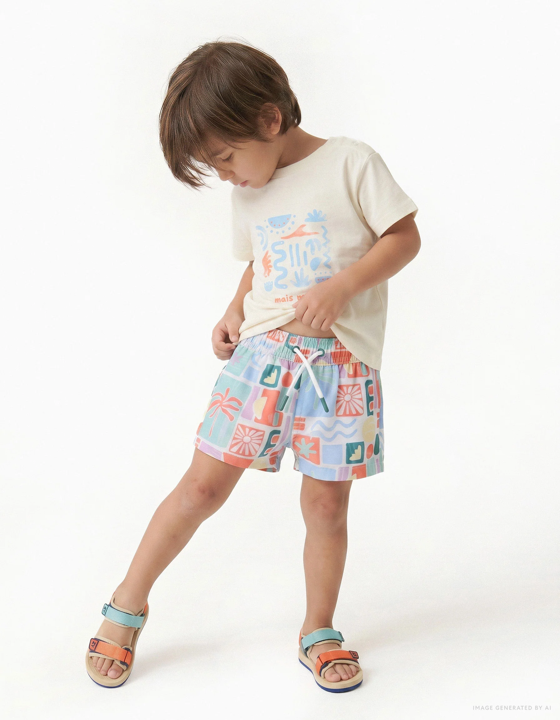Swim shorts with colourful print and drawstring for baby boys, multicolour