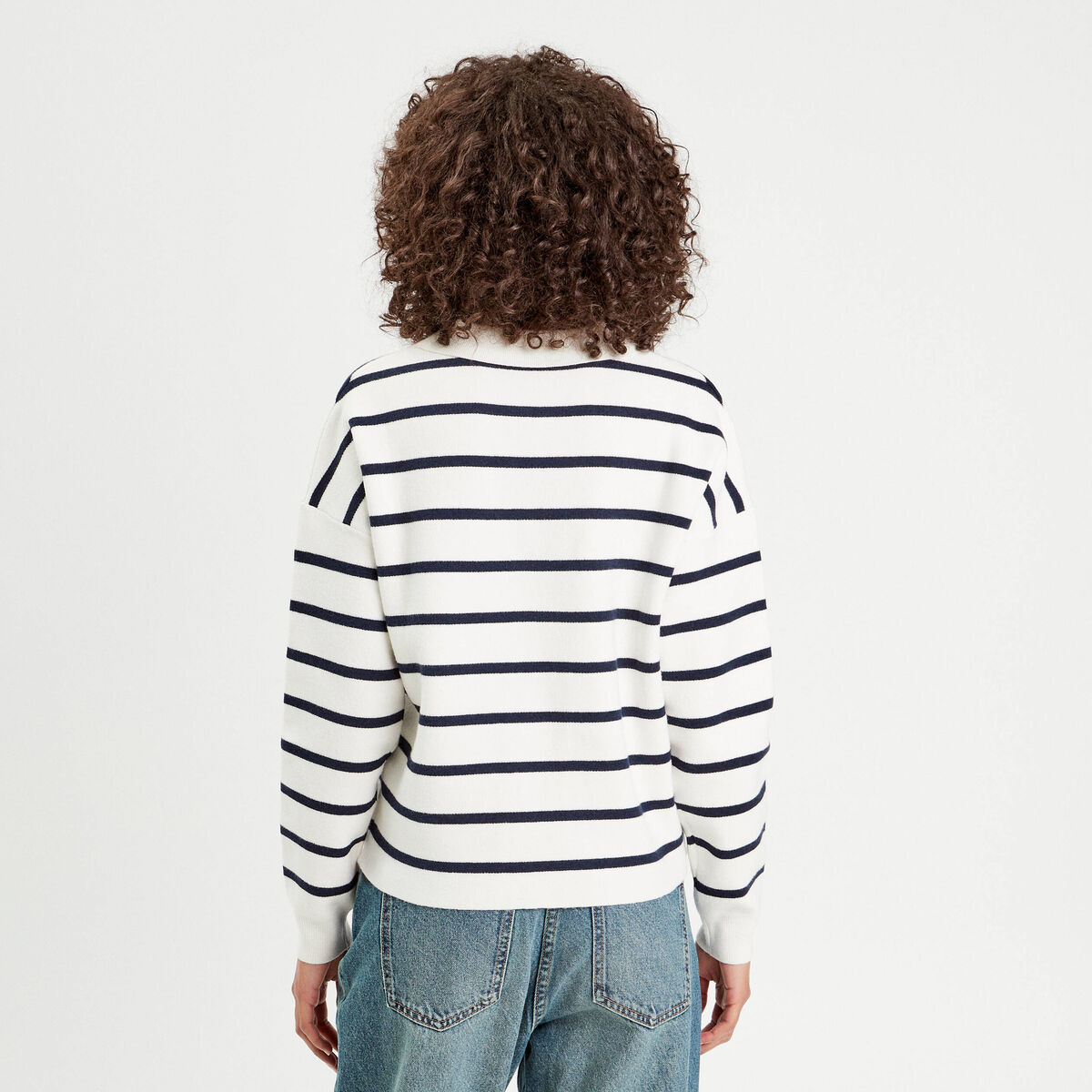 Pull manches longues col polo ecru femme