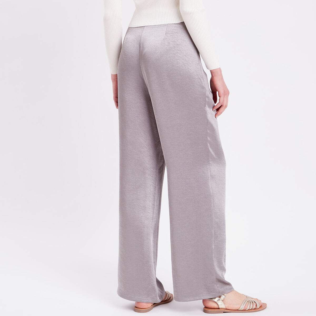 Pantalon large fluide satiné gris argent femme