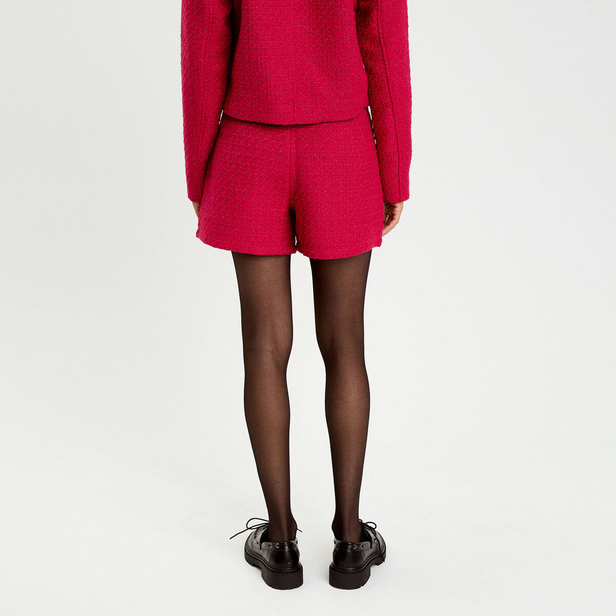 Short tweed taille haute rouge clair femme