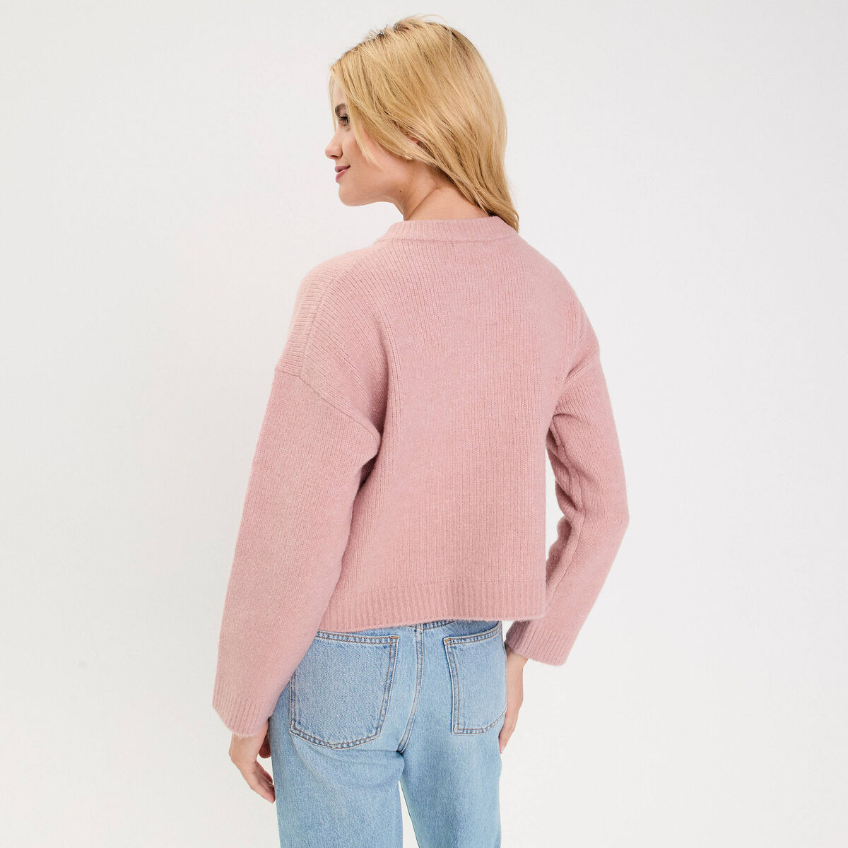 Gilet bouclette col rond manches longues rose poudrée femme