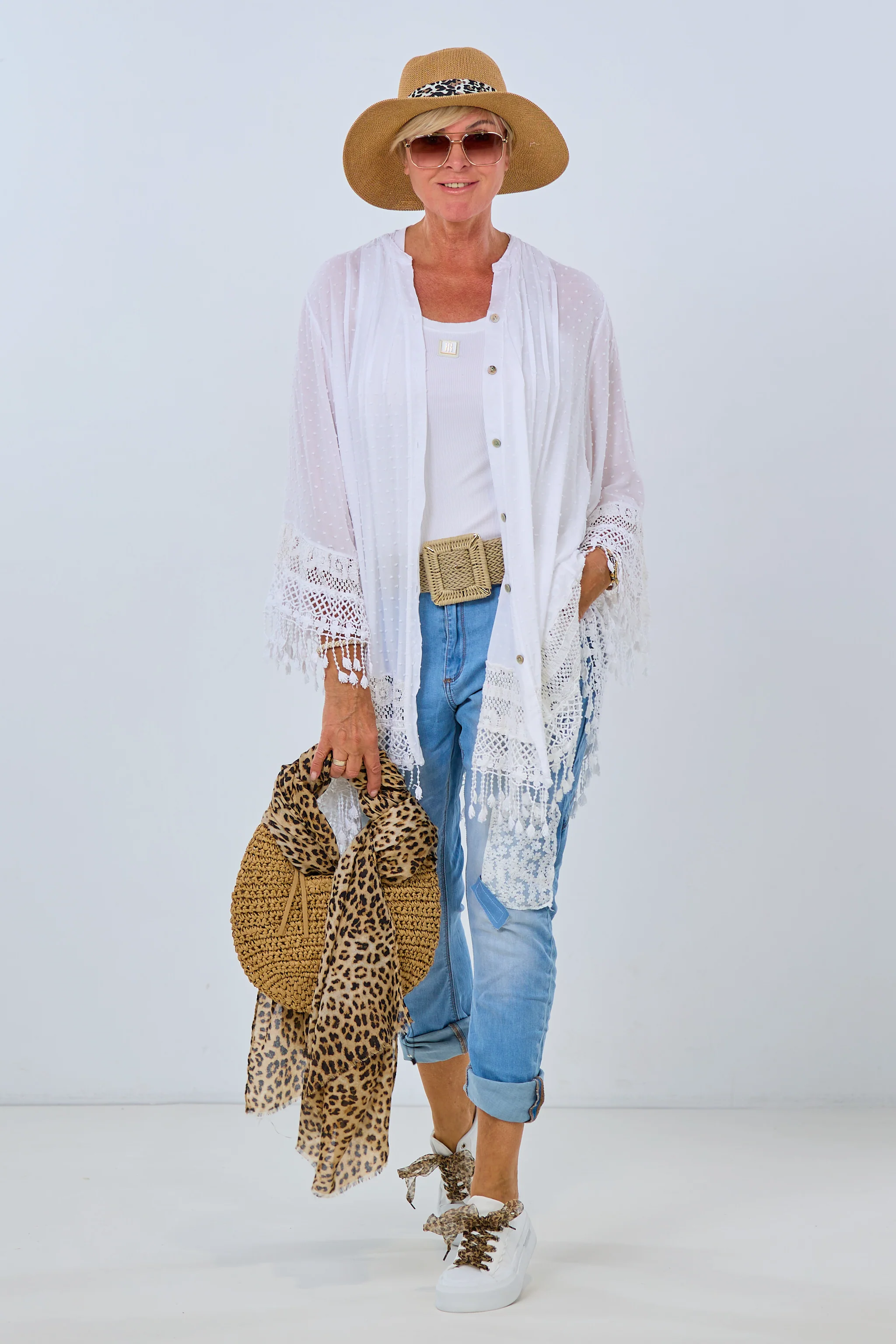 Tunika/ Kleid mit Fransen und Stickerei, weiß