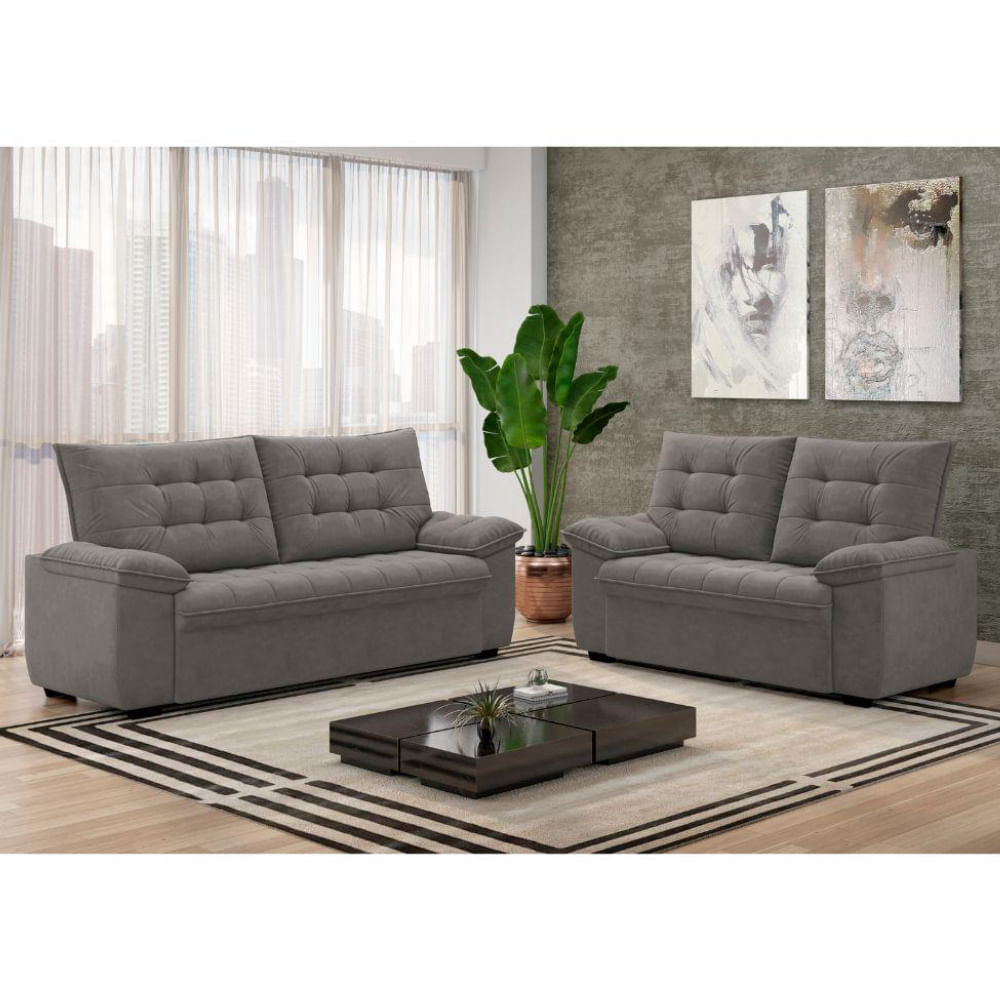 Conjunto de Sofás 2 e 3 Lugares Bertioga Veludo Cinza