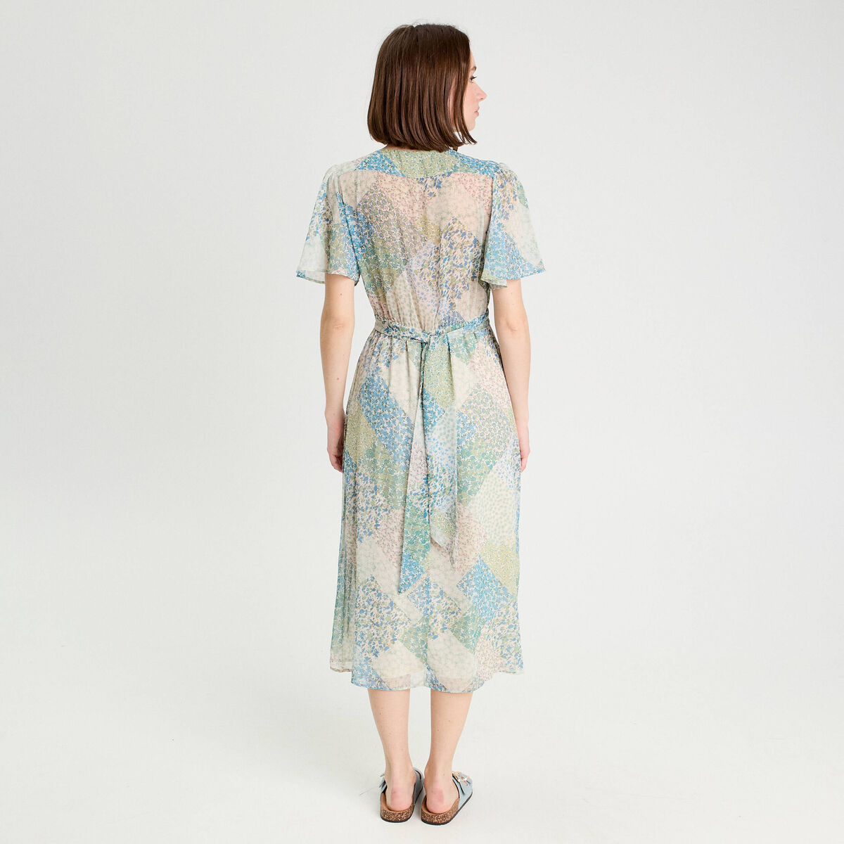 Robe midi évasée col en V bleu pastel femme