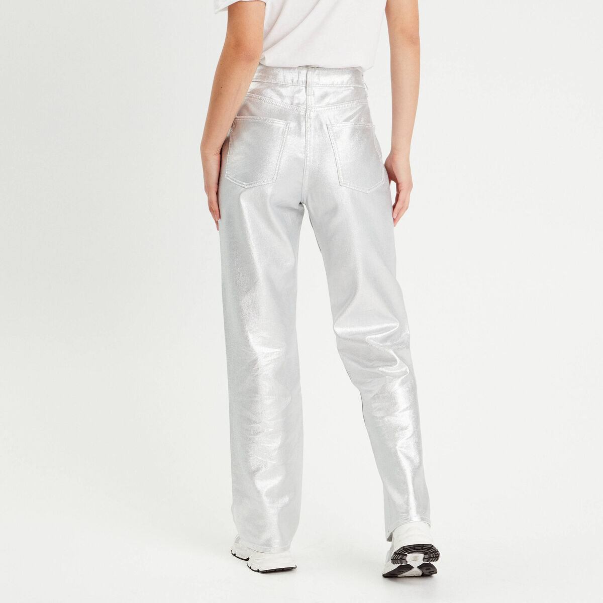 Pantalon large enduit gris argent femme