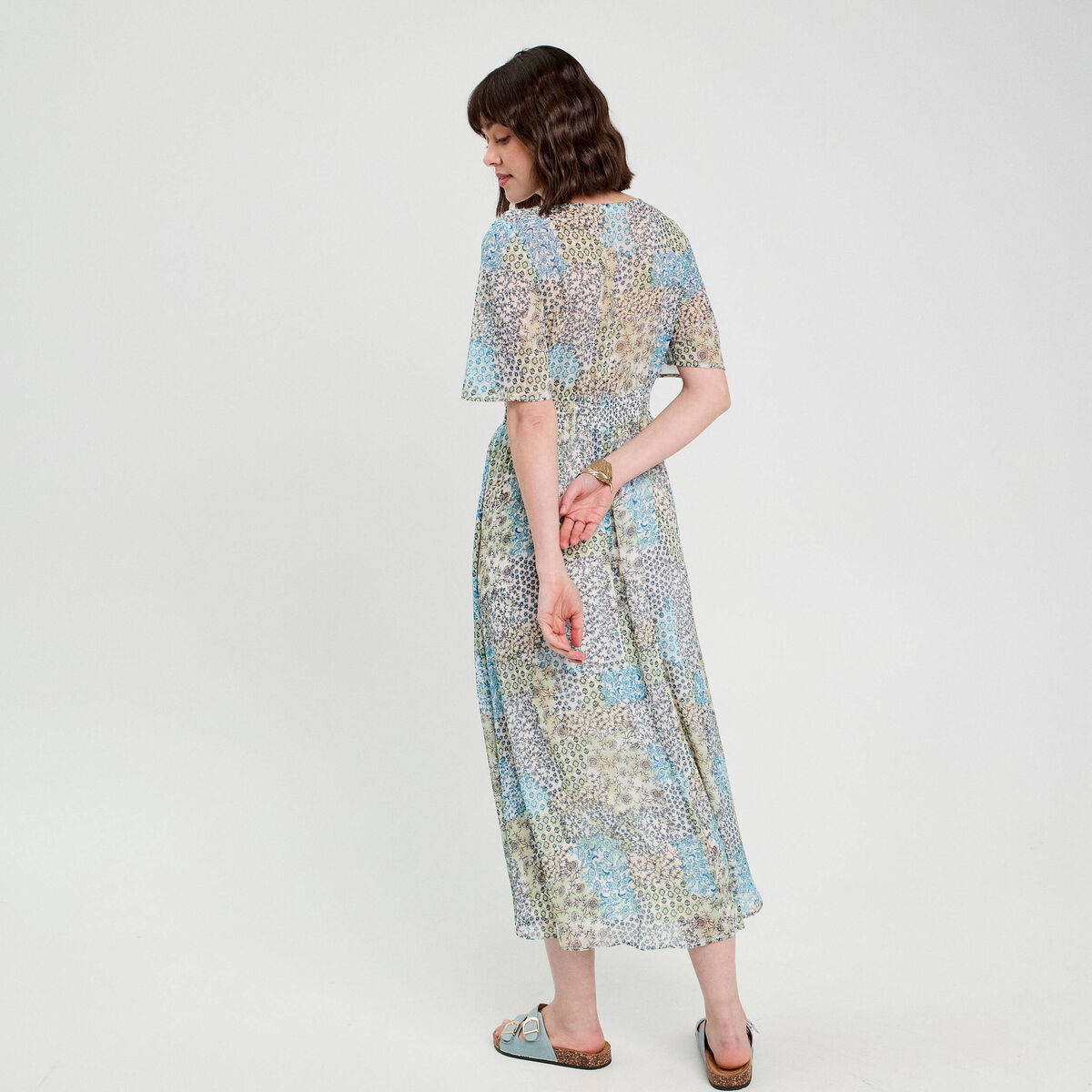 Robe longue évasée col en V bleu femme