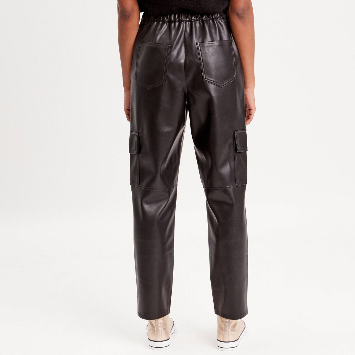 Pantalon cargo simili cuir noir femme