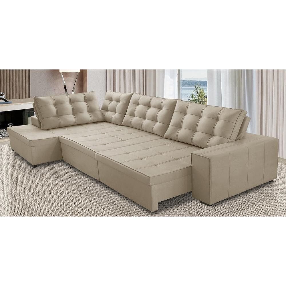Sofá de Canto Retrátil e Reclinável com Molas 3,00x2,00 Le Jacke Suede Bege Madelina Decor