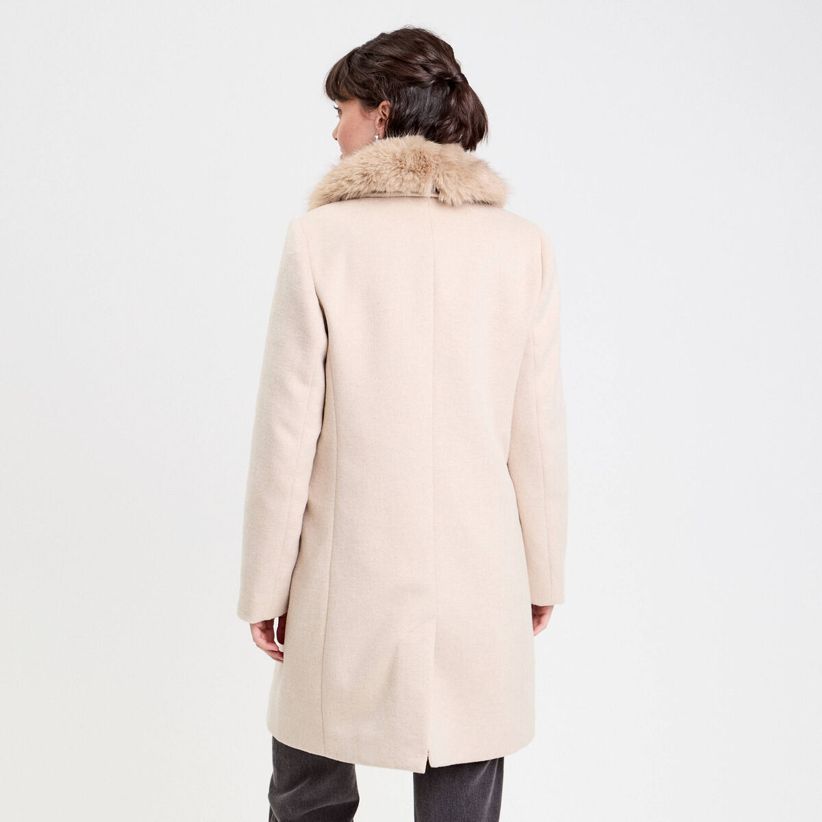 Manteau col fausse fourrure beige femme