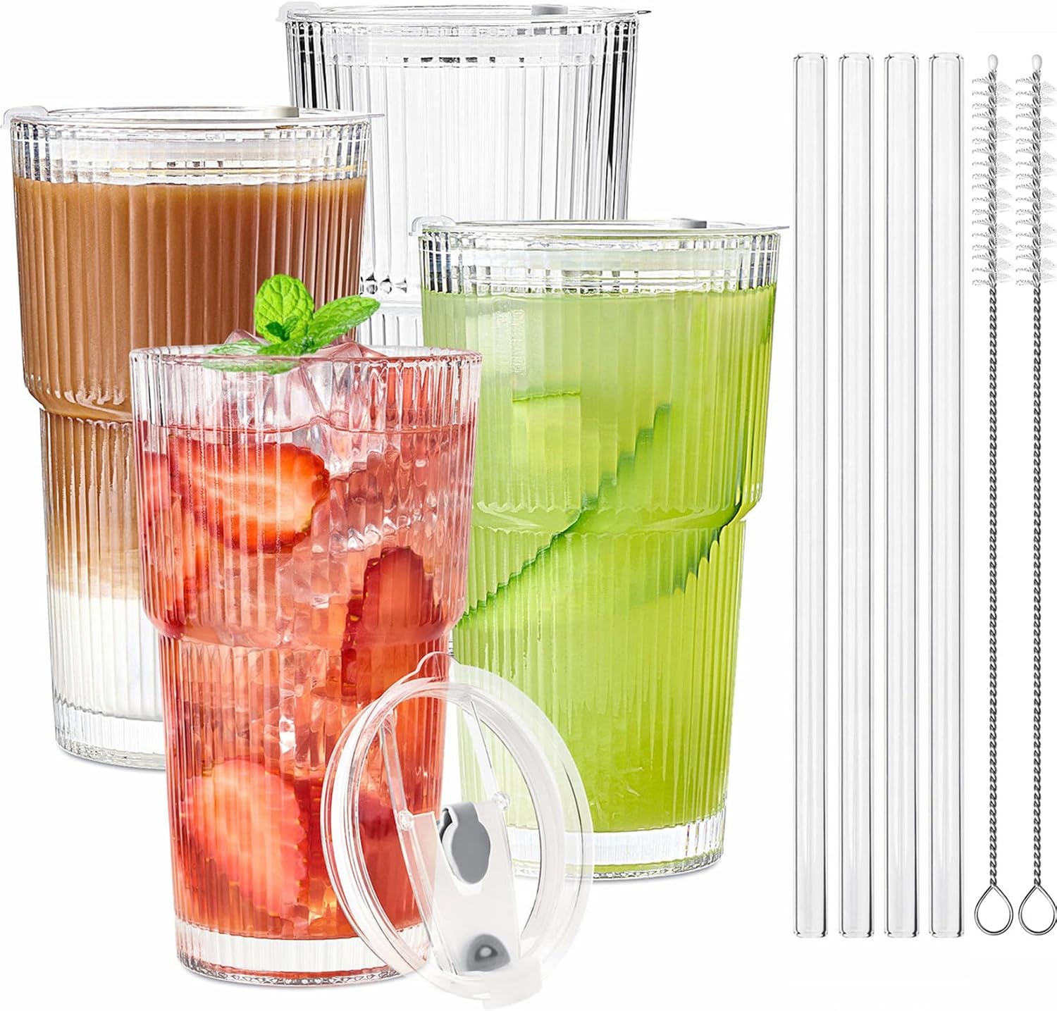 20 Oz Glass Tumblers with Lids and Straws - 4 Pack Ribbed Glass Iced Coffee Cup with Straw and Lid  Thicken Glasses  Ideal for Smoothieds  Cocktails  and Juices