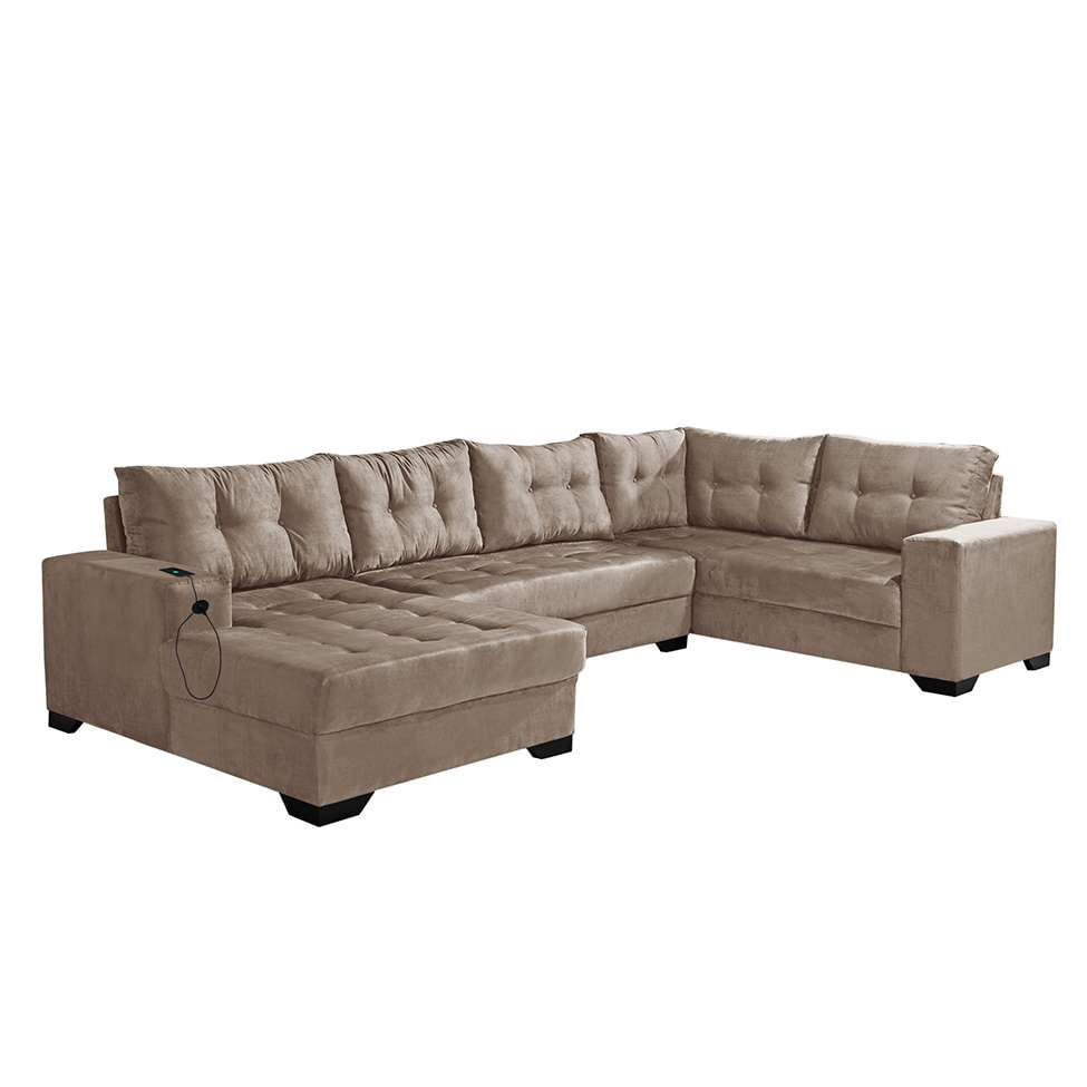 Sofá de Canto 6 Lugares Dijon com Chaise Esquerdo e Entrada USB Suede Chocolate em Promoção | Ofertas na Americanas