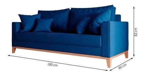 Sofá 3 Lugares Beny Base de Madeira Linho Azul Marinho