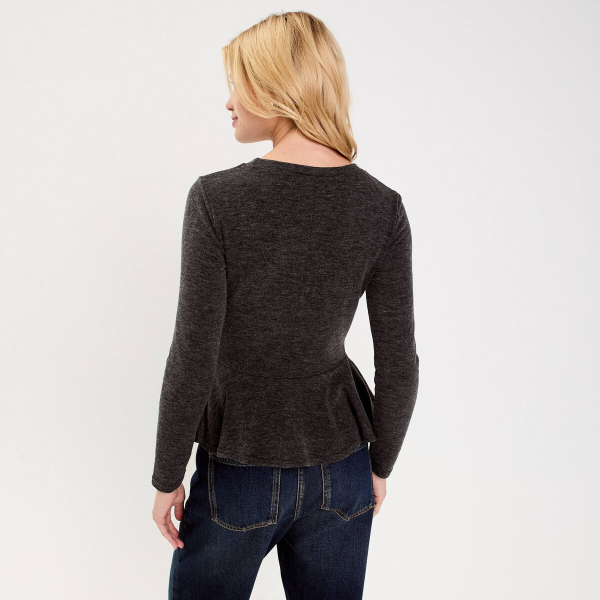 Pull ajusté court manches longues gris foncé femme