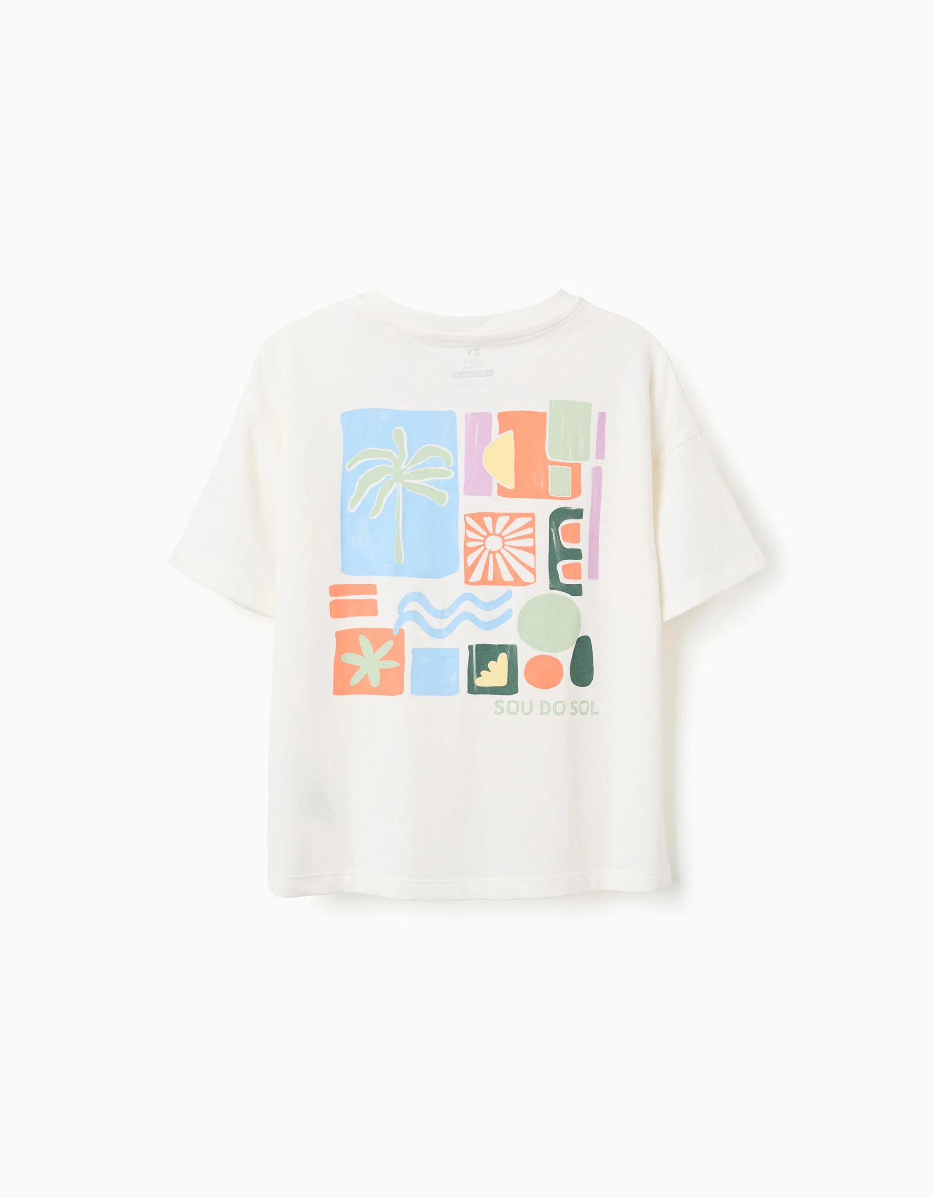 Cotton T-shirt with colourful beach prints for boys, white