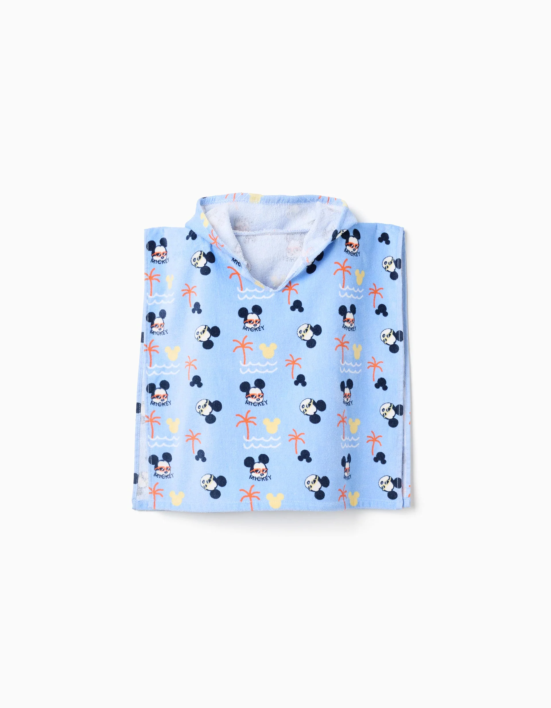 Hooded beach poncho in cotton with Mickey for baby boys, light blue