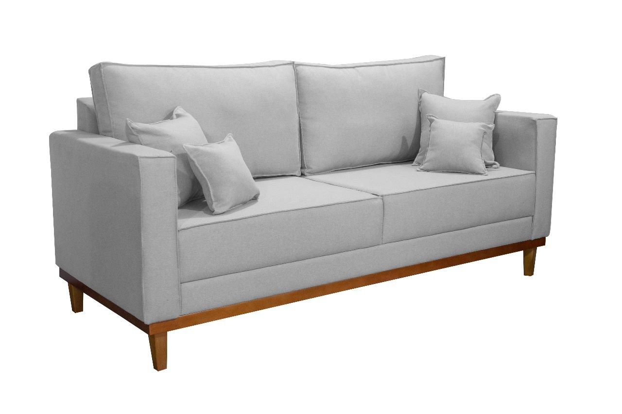 Kit Sofá 3 Lugares e 2 Poltronas Beny com Base em Madeira Linho Cinza Ideal Móveis