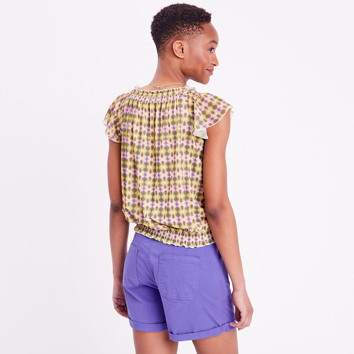 T-shirt manches courtes smocké vert femme