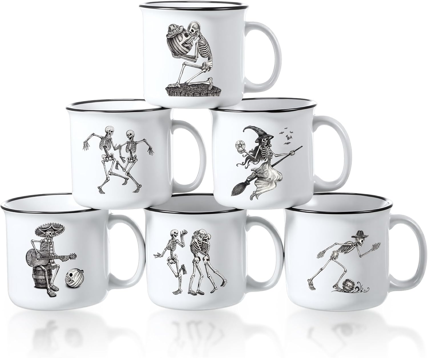 Halloween Coffee Mug Set of 6  14 oz Ceramic Skeleton Brew Cups with Handle Vintage Spooky Drinkware Enamel Mugs for Halloween Home Holiday Decor Gifts