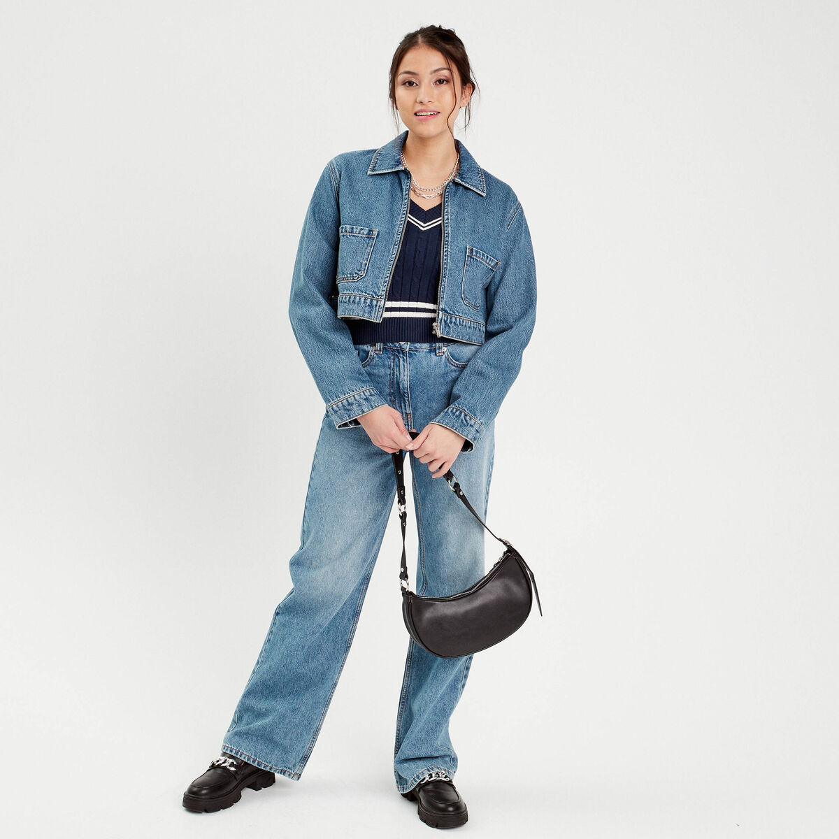 Pull manches longues torsades bleu marine femme