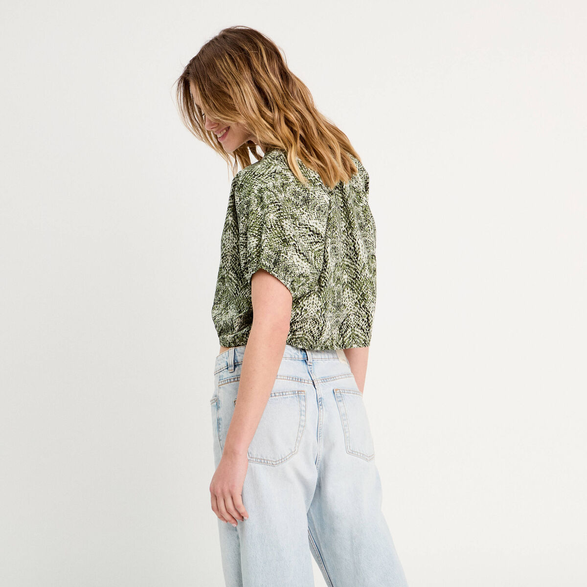 Blouse noeud manches courtes vert kaki femme