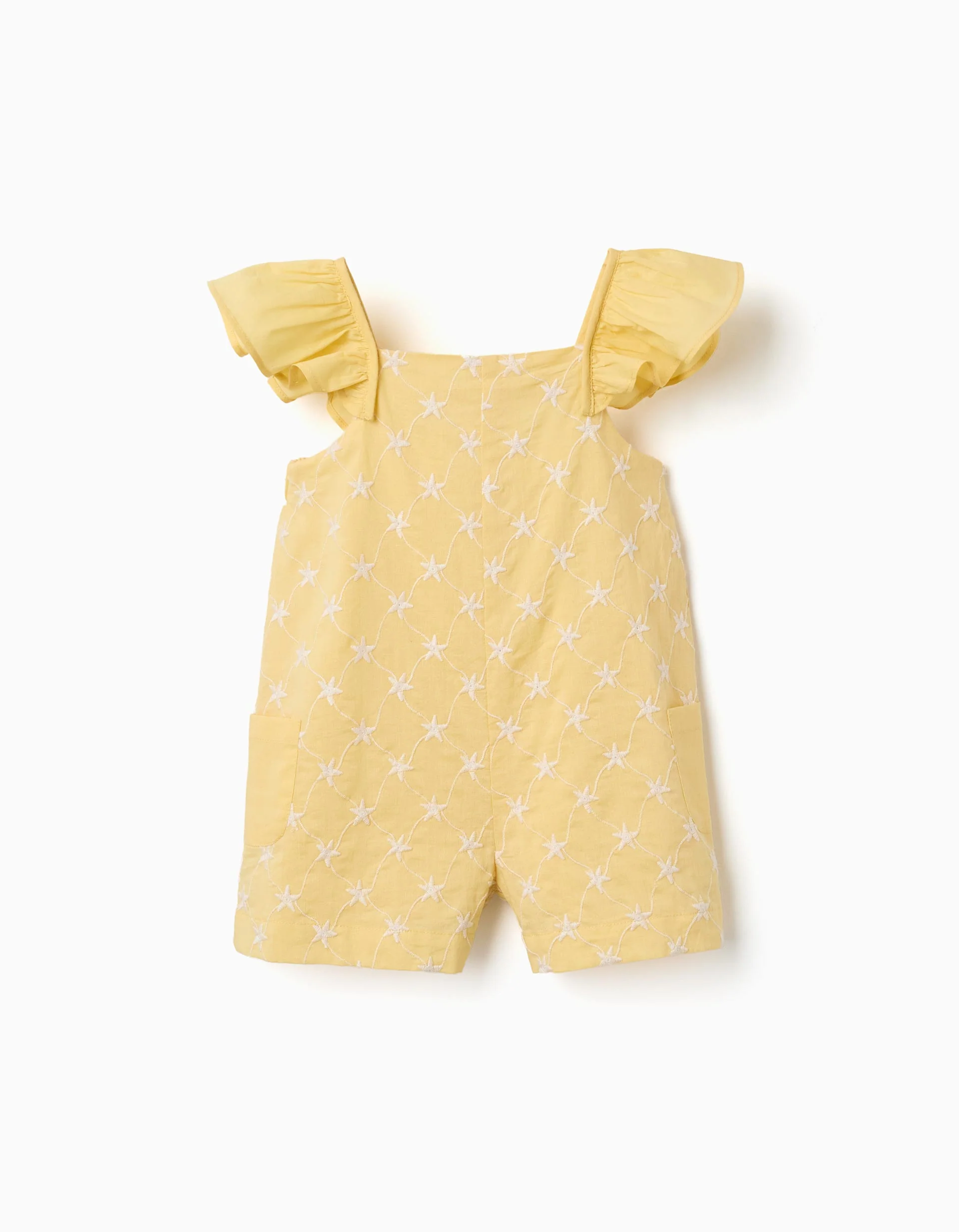 Cotton playsuit with embroidery and ruffles B&S for baby girls, yellow