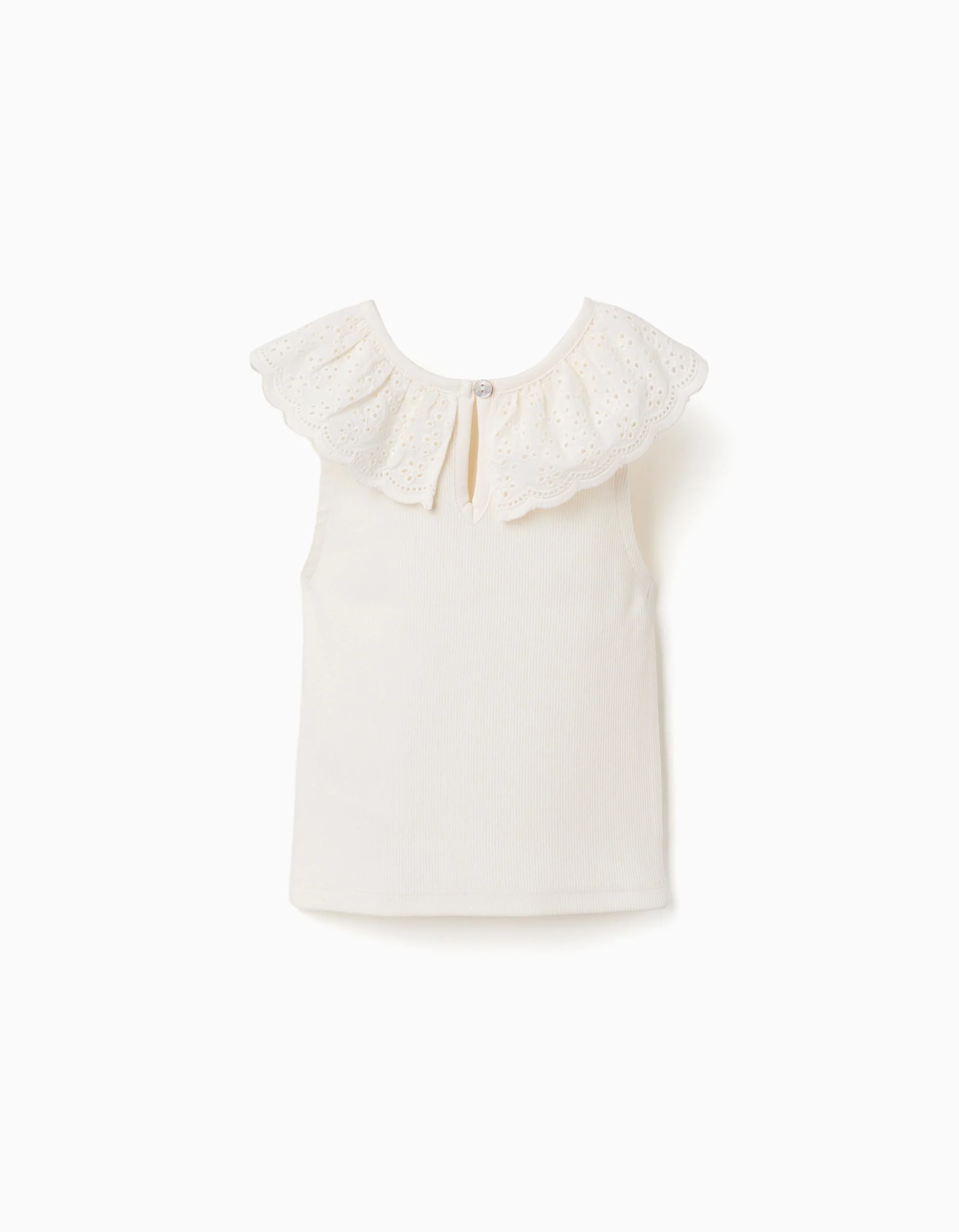 Cotton sleeveless top with embroidered collar for girls, white