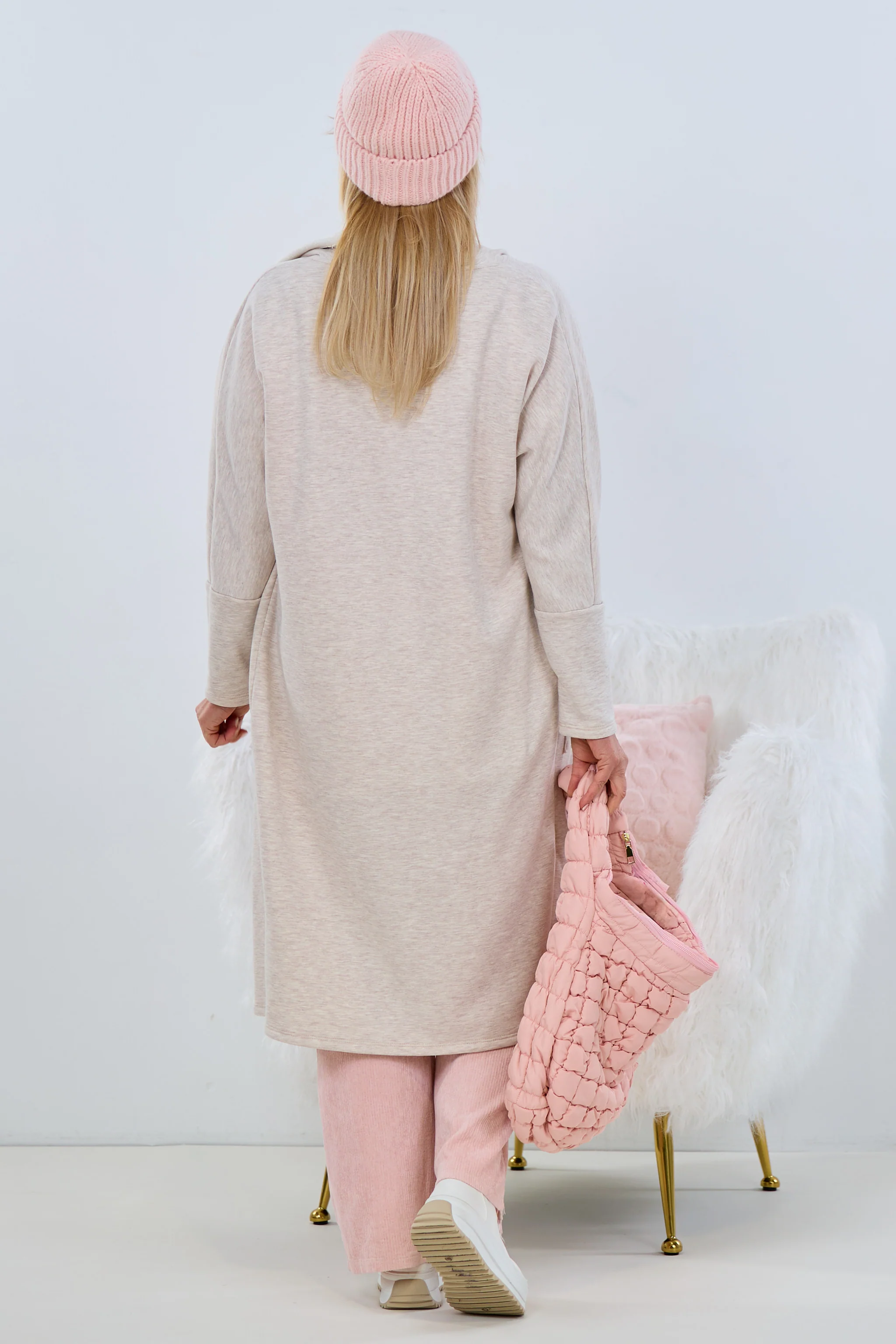 Sweaty Mantel mit großem Revers, hellbeige-meliert