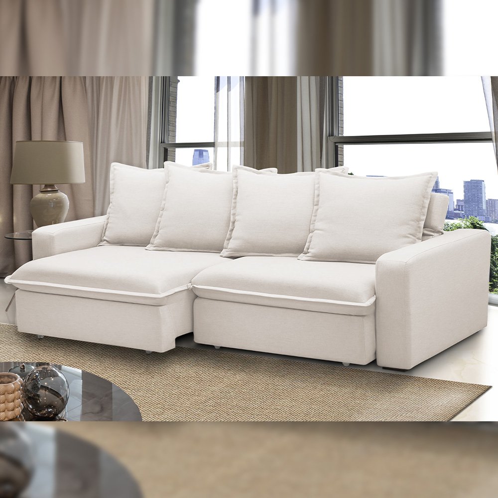 Sofá Retrátil Reclinável para Sala de Estar Living 215cm Vêneto F04 Bouclê Cru - Lyam Decor